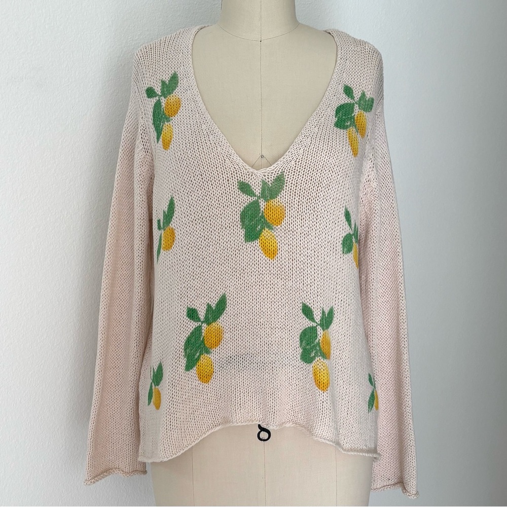 Wooden Ships Lemon Print V-Neck Sweater NWT Cotton Blend Cream Yellow Green S/M